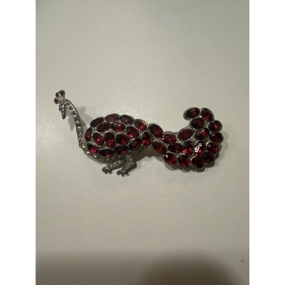 Vintage Red Peacock Enamel Brooch